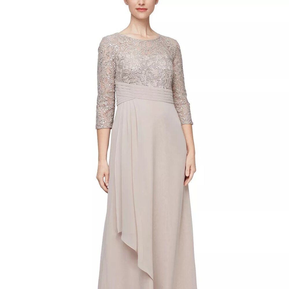 Alex Evenings Women's Sequin-Lace Empire-Waist Dress Buff Size 6